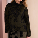 Naya Flocked Placement Print High Neck Knit Top In Khaki And Navy