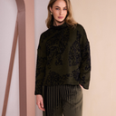 Naya Flocked Placement Print High Neck Knit Top In Khaki And Navy