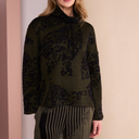 Naya Flocked Placement Print High Neck Knit Top In Khaki And Navy