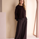 Naya Round Neck Top With Flocking Stitch Detail In Black And Choko