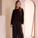 Naya Round Neck Top With Flocking Stitch Detail In Black And Choko
