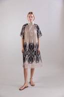 Psophia Taupe Dress With Black Tulip Embroidered Hem and Sleeve