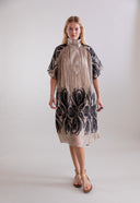 Psophia Taupe Dress With Black Tulip Embroidered Hem and Sleeve