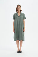 Tirelli Shawl Collar Pleat Linen Dress In Petrol