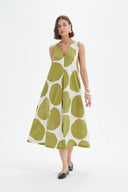 Tirelli Inverted Pleat Poplin Dress In Chartreuse And White Spot