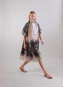 Psophia Taupe Dress With Black Tulip Embroidered Hem and Sleeve