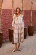 Sahara Grid Linen Dress In Ecru And Night