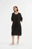 Tirelli Diagonal Seam Linen Dress in Black