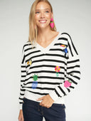 Vilagallo V Neck Sweater In Black And Ecru with Embroidery