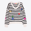 Vilagallo V Neck Sweater In Black And Ecru with Embroidery