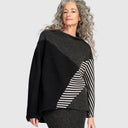 Alembika Funnel Neck Sweater In Black And Grey Mix With Striped Sleeve In Stone