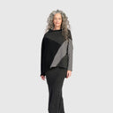 Alembika Funnel Neck Sweater In Black And Grey Mix With Striped Sleeve In Stone
