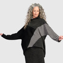 Alembika Funnel Neck Sweater In Black And Grey Mix With Striped Sleeve In Stone