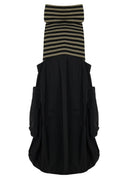 Kozan Avi Pinafore Dress With Black And Taupe Stripes, Cowl Neckline And Taffeta Skirt
