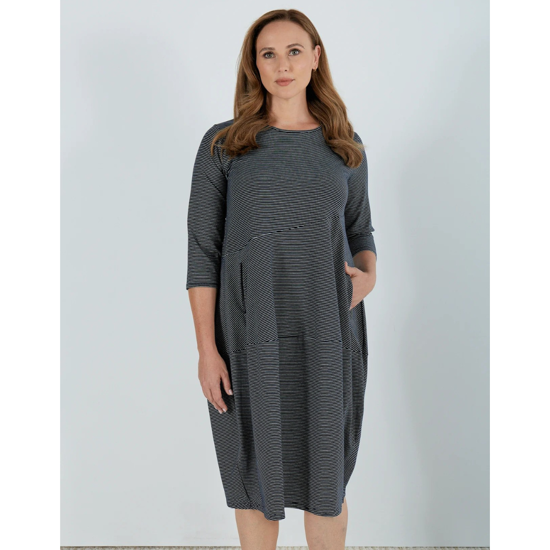 Tirelli Diagonal Seam Dress Black Stripe - Brenda Muir Ladieswear